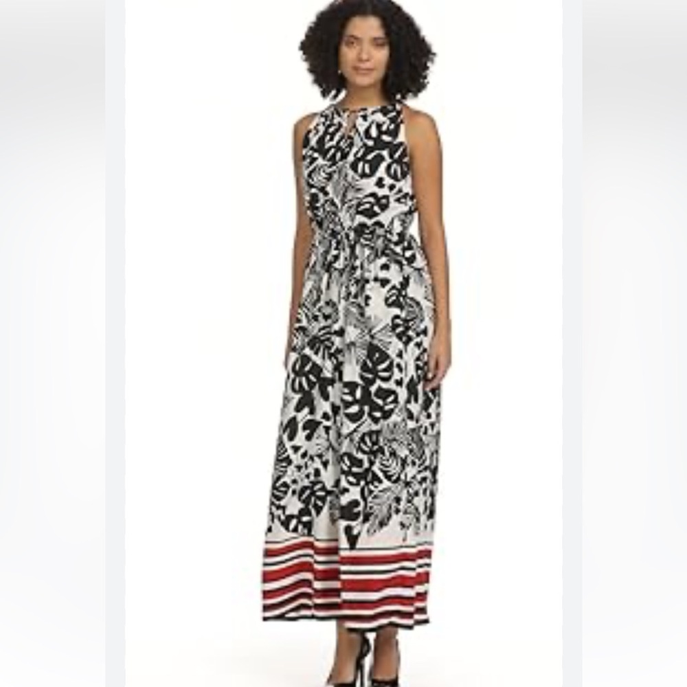 H&M Black & White Floral Maxi Dress with Red Striped Hem